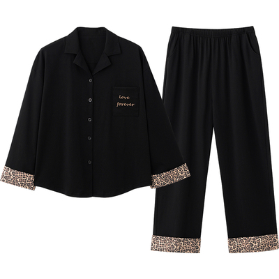 睡衣耐脏情侣春秋季纯棉黑色豹纹