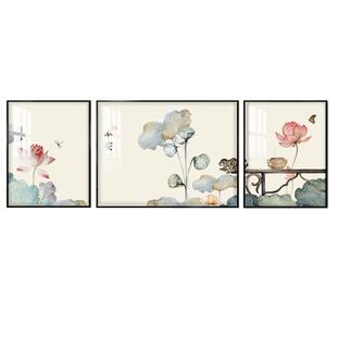 新中式荷花装饰画莲花三联画沙发背景墙挂画餐桌墙面装饰客厅壁画