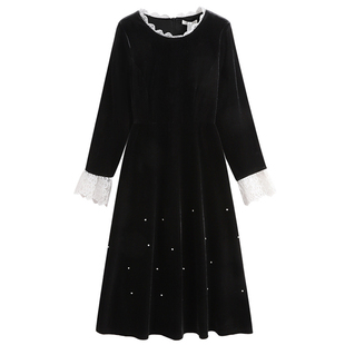 胖莹大码女装300斤胖mm端丽风黑色丝绒蕾丝拼接钉钻高级感连衣裙