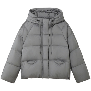热风女士连帽羽绒服2025年冬季新款灰色短款泡芙蓬松羽绒服外套