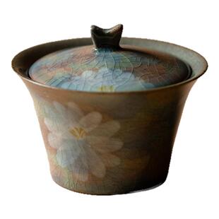 里作 复古粗陶窑变冰片釉盖碗功夫茶具不烫手手绘雏菊泡茶碗单个