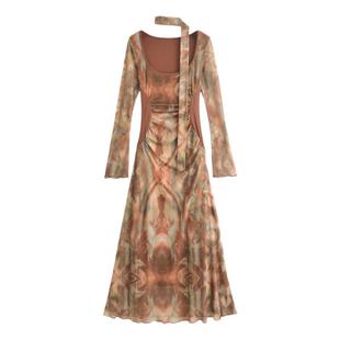 怪力酱 印花网纱长袖连衣裙女春夏设计感飘带御姐气质修身度假裙