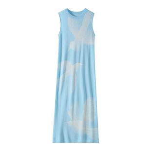 有耳uare原创设计 飞鸟集 蓝白撞色鸽子提花天丝针织背心连衣裙