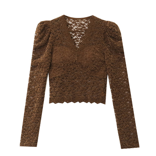 性感V领植绒蕾丝衫女秋冬洋气泡泡袖上衣紧身内搭短款加绒打底衫