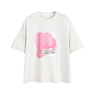 小小大星球童装 Q粉大象全棉印花短袖 夏天百搭女童可爱轻薄T恤