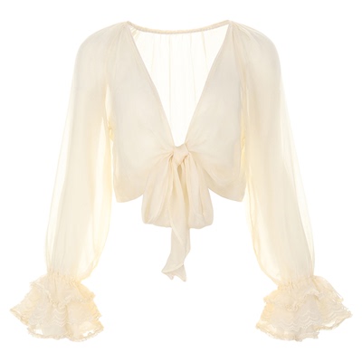 wanatry精致花边荷叶袖真丝开衫