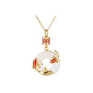 石方界S925银天然白玛瑙平安环吊坠女款锦鲤红色精致项链生日礼物