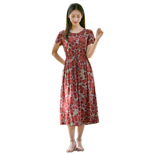 2026新款夏季棉绸连衣裙女人造棉绵绸印花收腰显瘦旅游沙滩长裙子