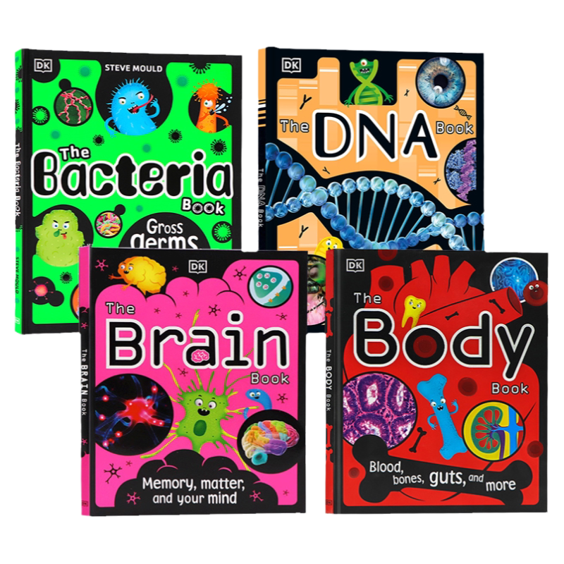 英文原版dk儿童百科全书4册 The Body Book/Brain/DNA/Bacteria Book 身体大脑细菌运作手册 STEAM读物 少儿英语科普读物精装插图