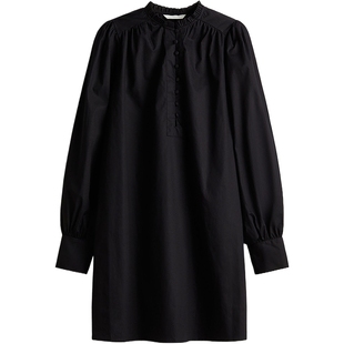 HM女装连衣裙冬季时尚休闲舒适法式气质灯笼袖纯棉A字裙1264747