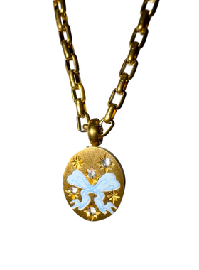 蓝绑带蝴蝶结锆石印花少女项链