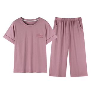 妈妈睡衣女士短袖七分裤夏季中老年人家居服纯棉套装春夏天可外穿