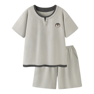 『极昼企鹅』时尚莫代尔棉睡衣男款夏季假两件新款短袖家居服套装