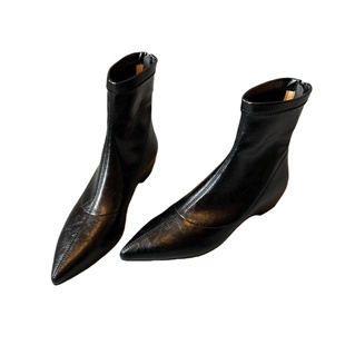 牛皮版~内增高尖头短靴女2025秋冬新款棕色弹力瘦瘦靴小个子靴子