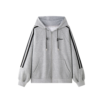 宽松舒适学院风灰色拉链连帽卫衣