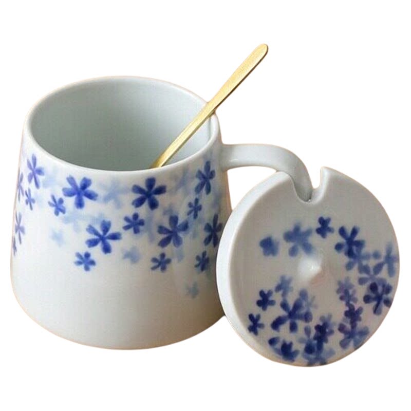 日式手绘青花瓷樱花带盖勺马克杯