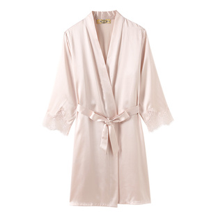 美标真丝睡袍女春夏中长款蕾丝浴袍桑蚕丝家居服舒适宽松新娘晨袍