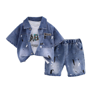男童夏装洋气牛仔衬衫短袖三件套装儿童宝宝夏季帅气时髦小童衣服