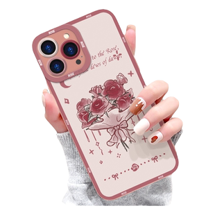 少女玫瑰适用iphone14pro手机壳苹果13mini新款15promax小众se镜头全包xsamx防摔11Pro酒红8p液态硅胶xr女7p