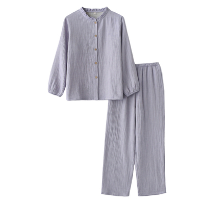 女纯棉亚麻木耳边薄款长袖家居服