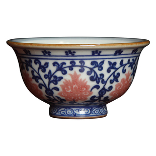 限量款江家窑九寸土汝窑青花釉里红缠枝莲压手杯陶瓷茶杯手工茶具