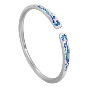 吴越老银铺正品古法珐琅手串9999纯银手镯女开口镯子情侣七夕礼物