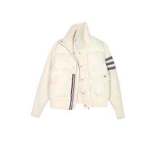 冬新款TB三条杠白色轻薄羽绒服女短款针织拼接袖小个子白鸭绒外套