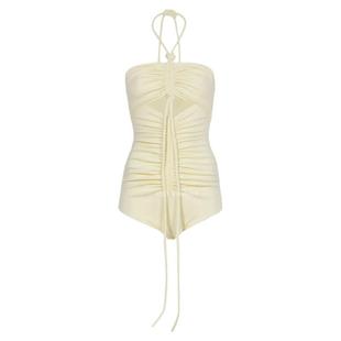 秦岚同款泳衣女花儿与少年纯欲小香风抹胸挂脖抽绳连体保守游泳装