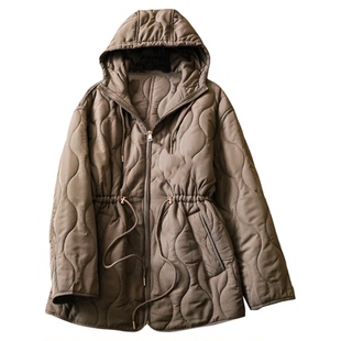 百搭绗缝抽绳收腰中长款连帽薄款宽松棉衣2025冬季新款棉服女M858