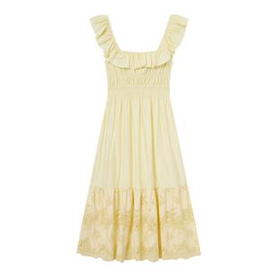 self-portrait 春夏奶油黄棉感蕾丝甜美连衣裙中长裙