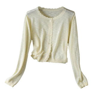 显白晳~温柔钩花镶边马卡龙色系亲肤麻料长袖圆领敲薄针织衫防晒