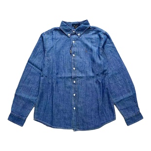 春秋女款简约气质洋气复古水洗柔软纯棉长袖翻领牛仔衬衫刺绣小标