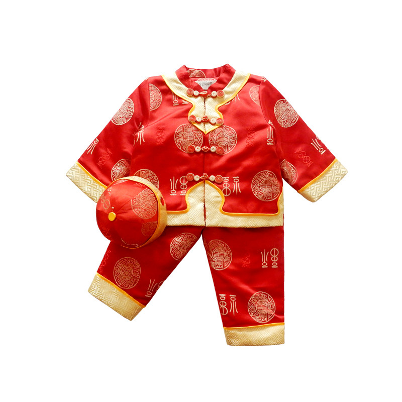 周岁礼服男宝宝中式抓周唐装百高端拜年服中国风红色加棉冠衣冬季