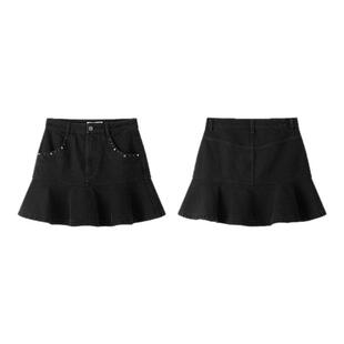 PIT高腰A字荷叶边牛仔短裙半身裙女2025夏薄款甜酷辣妹百褶包臀裙