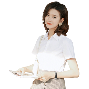 白色短袖衬衫女夏季新款职业半袖工作服韩版宽松方V领长袖衬衣寸L