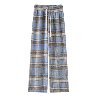 毛呢格子裤女春秋冬季2025新款宽松直筒垂感加绒复古休闲阔腿裤子