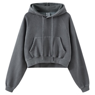 做旧355g重磅复古加绒加厚短款露脐连帽卫衣女宽松高街辣妹上衣潮