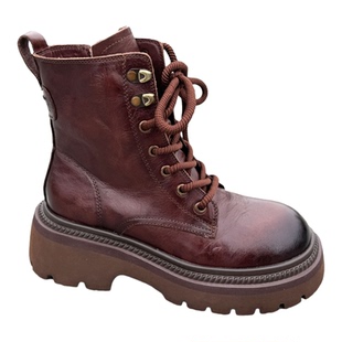 高端品质抓纹头层牛皮马丁靴女系带时尚欧美潮酷复古粗跟高跟短靴