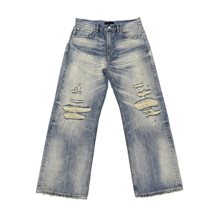 TBR高端线橙赤耳内华达刀割甩漆泼墨a字版型牛仔裤