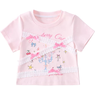 米米哈罗女童短袖夏季女孩上衣2026新款儿童修身卡通芭蕾风t恤潮