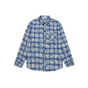 罗云熙同款GUUKA潮牌美式复古刺绣毛边衬衣外套宽松 长袖格子衬衫