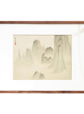 黄山水墨挂画实木框新中式床头横版原木风民宿卧室客厅日式装饰画