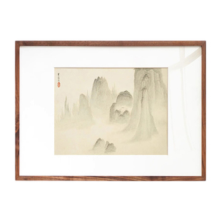 黄山水墨挂画实木框新中式床头横版原木风民宿卧室客厅日式装饰画