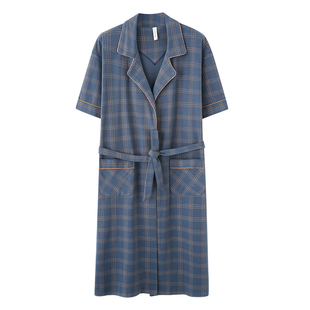 芬腾可安夏季男士浴袍棉质短袖日式连体睡袍和服一体式中长款睡衣