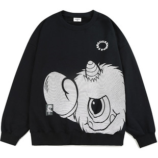 GUUKA重磅圆领卫衣男纯棉春季潮 情侣嘻哈小怪兽植绒印花上衣宽松