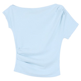 NEVA HU 高职轻氧 斜肩短袖T恤女夏褶皱收腰小众露肩针织短款上衣