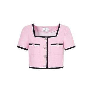 MOISSAC摩萨克夏法式小香风chic粉色粗花呢短袖外套上衣女