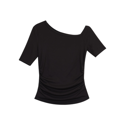 法式斜肩短袖T恤女收腰露肩上衣