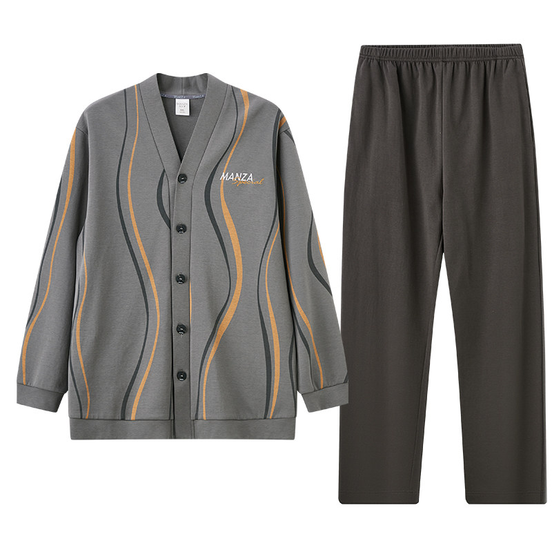 玛伦萨睡衣男士纯棉可外穿V领开衫长袖款宽松大码家居服套装