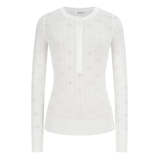 MosesQueen魔西女王白色缕空针织衫春秋内搭修身圆领长袖打底上衣